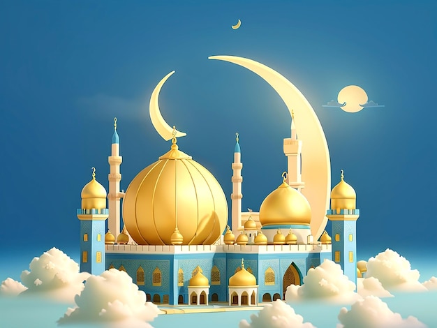 Décoration islamique de la mosquée croissant de lune et des nuages sur un fond bleu jaune clair