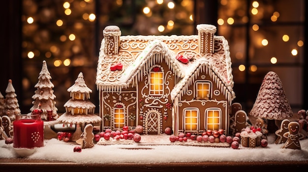 Décoration de maison en pain d'épice de Noël sur fond sombre de lumières dorées défocalisées décorées à la main