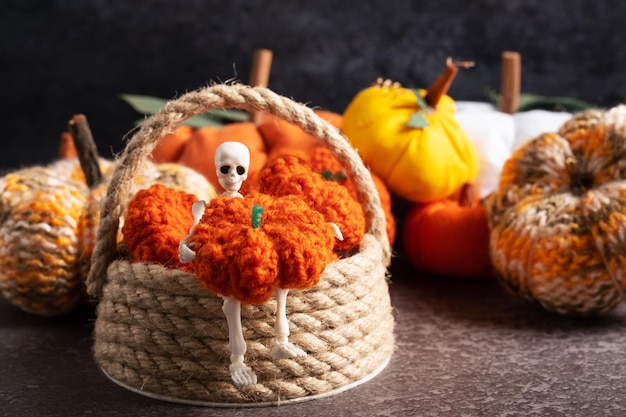 Décoration de la maison pour Halloween squelette d'une personne assise sur un panier de citrouilles Composition intérieure sur fond gris