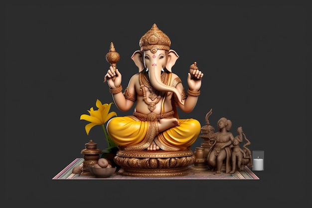 décoration de la maison avec une statue de Ganesh, une bougie et un lotus Bhagwan