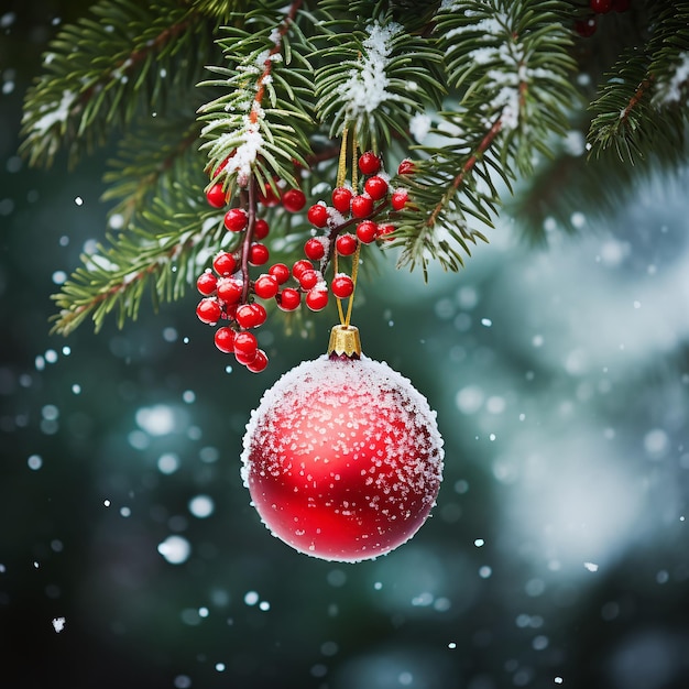 Décoration de Noël avec des bijoux rouges et de la neige sur le sapin