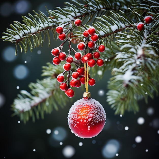 Photo décoration de noël avec des bijoux rouges et de la neige sur le sapin