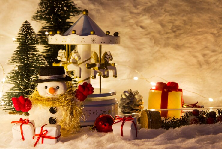 Photo décoration de noël de bonhomme de neige et carrousel