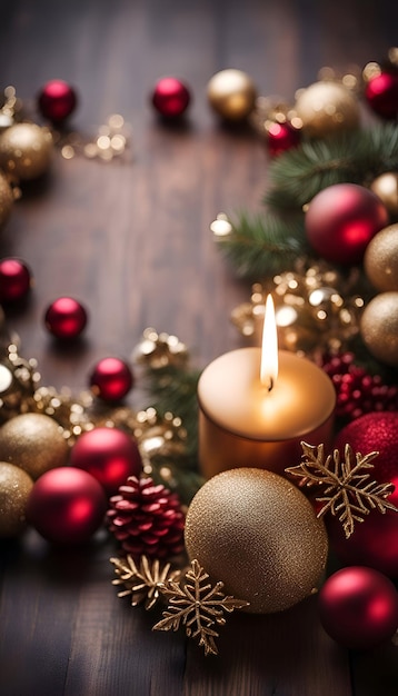 Décoration de Noël avec bougie allumée sur fond en bois Espace de copie pour le texte