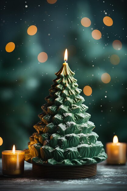 Décoration de Noël avec une bougie brûlante sous forme d'arbre de Noël