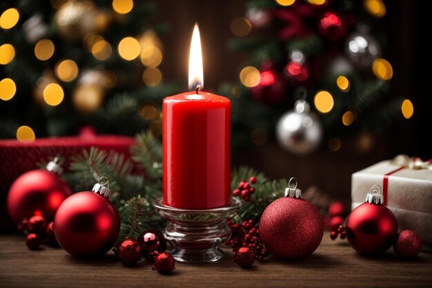 Photo décoration de noël avec une bougie rouge