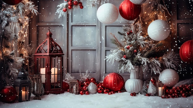 Décoration de Noël avec des bougies de neige lanterne branches de pin pommes de pin boules guirlande cadeau sur fond en bois