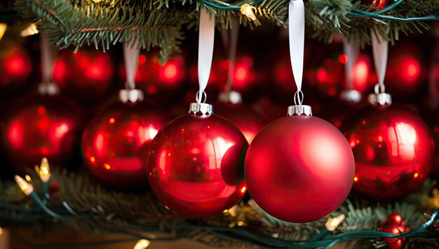 Décoration de Noël avec boules rouges et guirlande sur le sapin de Noël