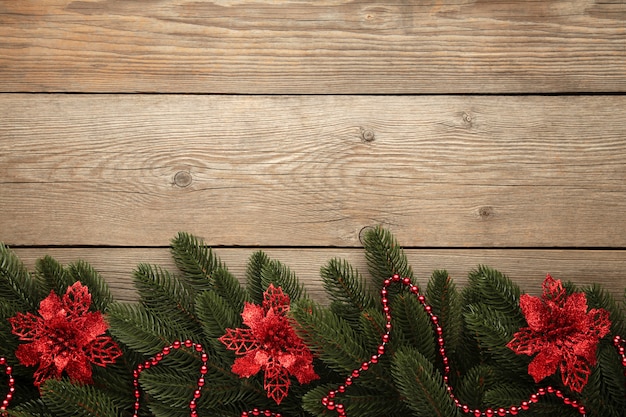 Décoration de Noël. Branche de sapin avec des fleurs de Noël rouges sur fond gris