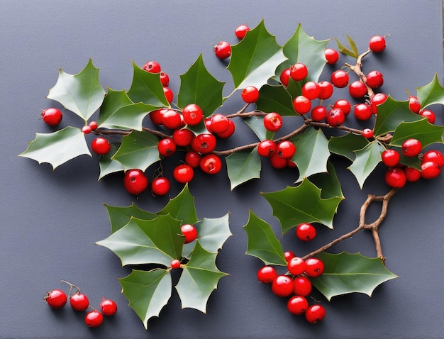 décoration de noël avec des branches de sapin et des baies de houx sur fond de bois