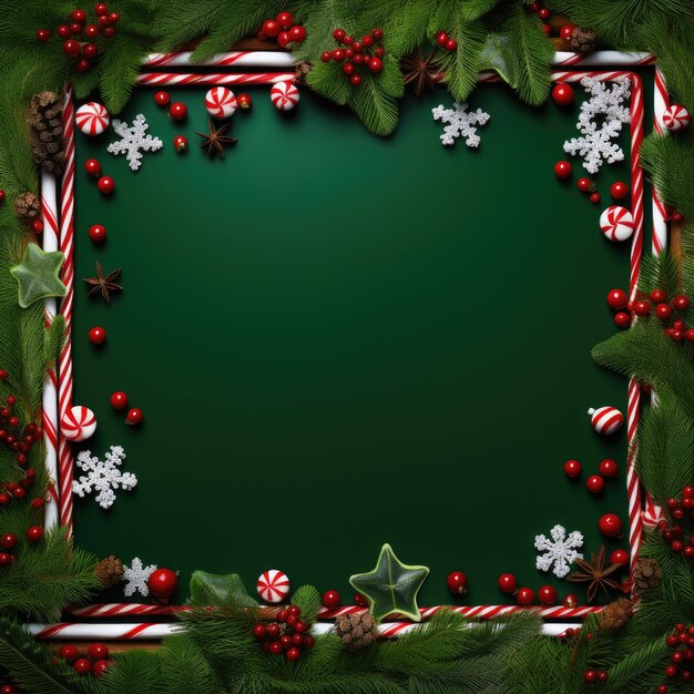 Décoration de Noël avec des branches de sapin, des baies rouges, un arrière-plan de Noël vert