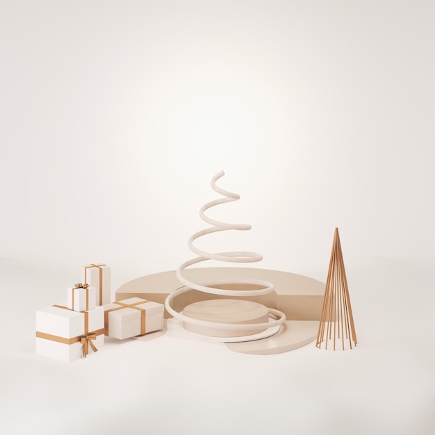 Décoration de Noël avec des cadeaux et des pins podium Fond beige pastel blanc rendu 3D