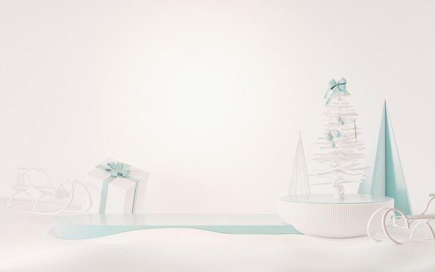 Décoration de Noël avec des cadeaux et des pins podium Fond bleu pastel blanc rendu 3D