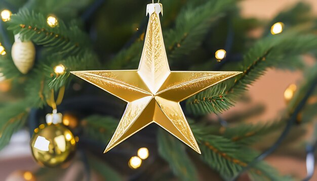 Photo décoration de noël à cinq étoiles en or pour la sorcière sur l'arbre