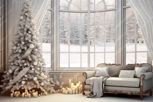 Décoration de Noël dans le salon blanc et grande fenêtre avec vue sur la fête de Noël de la forêt enneigée