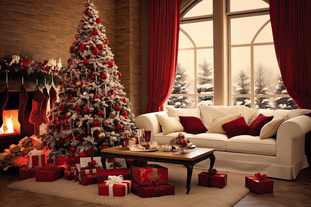 Décoration de noël dans le salon rouge et blanc et grande fenêtre avec vue sur la forêt enneigée noël