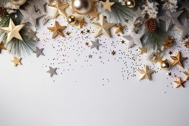 une décoration de Noël avec des étoiles d'or et des paillettes d'argent