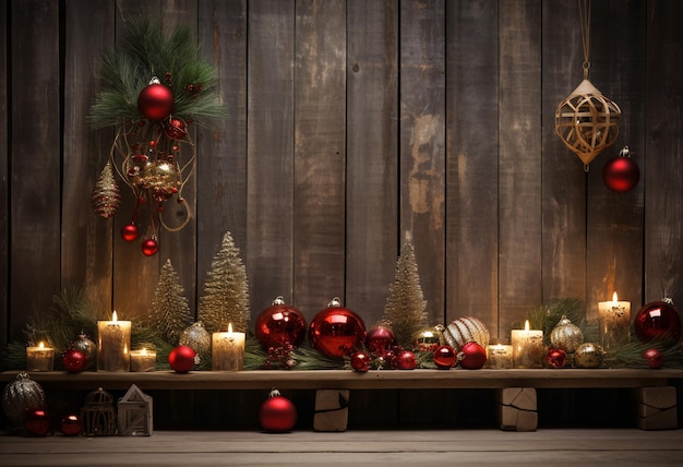 Décoration de Noël festive avec des couronnes et des bougies sur fond de bois générée par l'IA