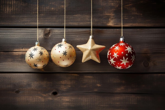 Décoration de Noël sur fond en bois Étoiles lumières boules de Noël illustration générée par l'IA