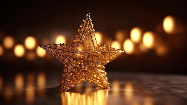 Une décoration de Noël en forme d'étoile suspendue sur une branche avec bokeh de brins de lumière AI générative