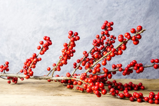 Décoration de Noël ilex verticillata ou winterberry houx sur le vieux bois