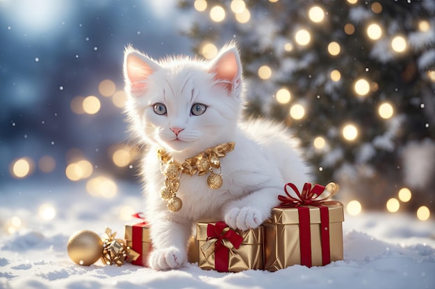 Décoration de Noël avec un joli chaton blanc avec des cadeaux ai générative