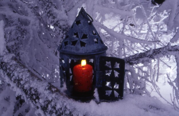 Décoration de Noël avec neige et lumières