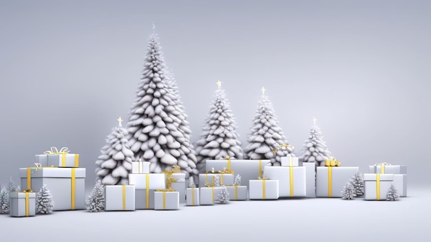 Décoration de Noël avec des pins en papier et une boîte-cadeau blanche sur fond blanc rendu 3D