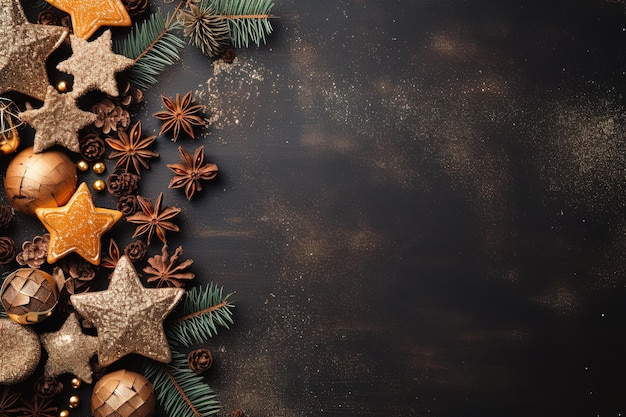 Décoration de Noël à plat étoiles branches de sapin boules d'anis espace de copie de bannière de vacances de Noël