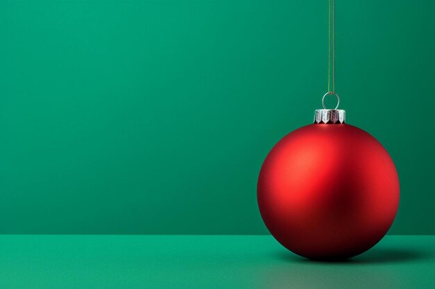 une décoration de Noël rouge accrochée sur un fond vert.