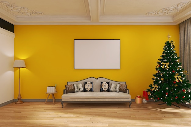 Décoration de Noël de salon moderne avec canapé et maquette de cadre photo