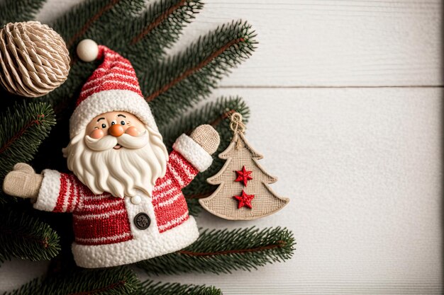 Décoration de Noël d'un sapin avec le Père Noël et une mitaine sur un fond de bois blanc