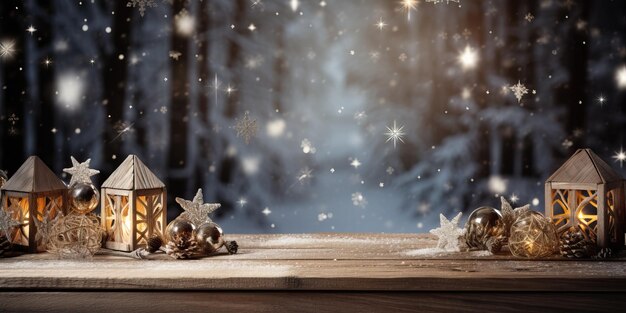 Décoration de Noël sur table en bois dans la forêt d'hiver avec des flocons de neige