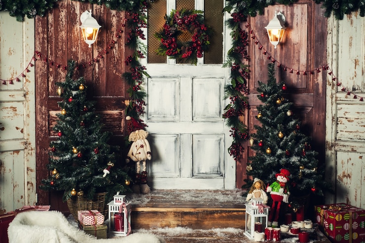 Photo décoration de noël vintage de la porte d'entrée avec des cadeaux et des lumières
