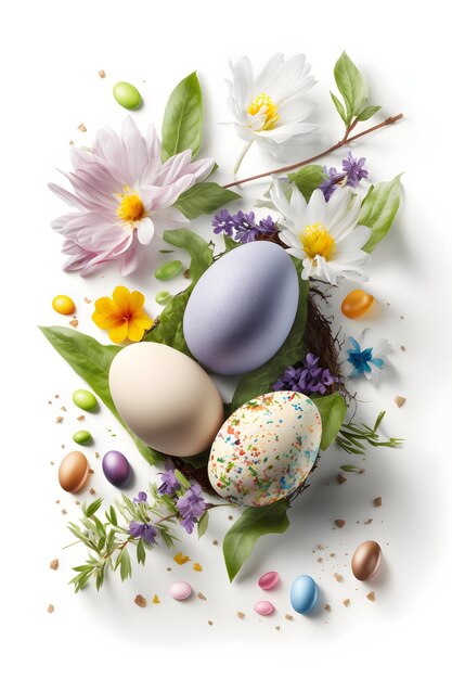 Décoration de Pâques Composition de Pâques avec des oeufs colorés et des fleurs sur fond blanc Generative AI