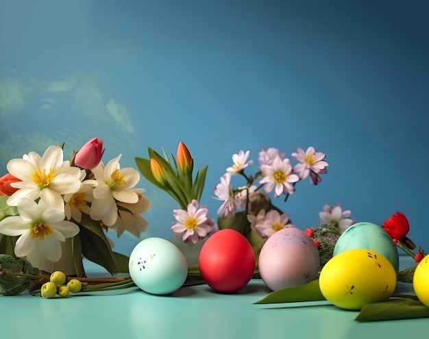 Décoration de Pâques Composition de Pâques avec des oeufs et des fleurs colorés AI générative