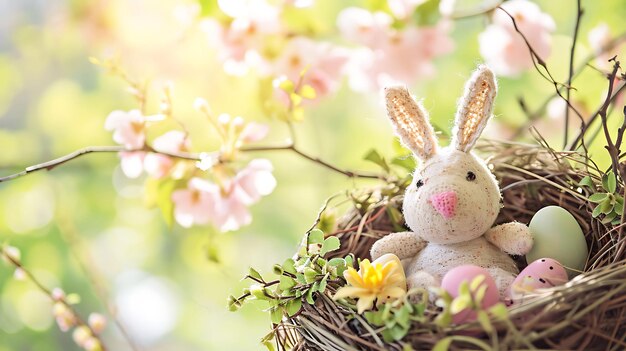 Décoration de Pâques avec un lapin de Pâque artisanal dans le nid ensoleillé