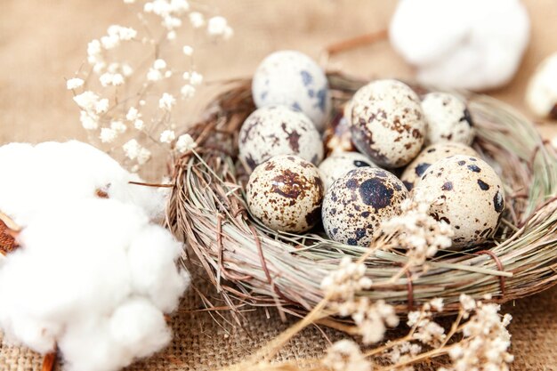 Décoration de Pâques avec oeuf en nid et coton sur table en toile de lin rustique marron