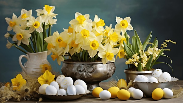 Décoration de Pâques avec des œufs et des jonquilles
