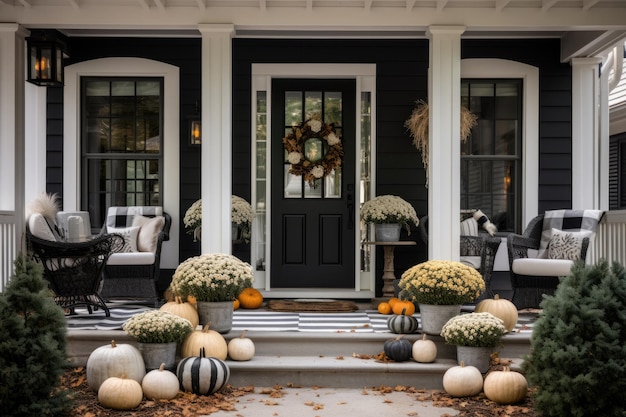 Décoration de porche d'automne élégante en noir et blanc pour une entrée extérieure de ferme moderne en octobre