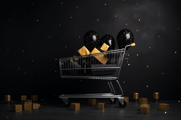 Décoration pour vendredi noir avec des cadeaux dans le panier