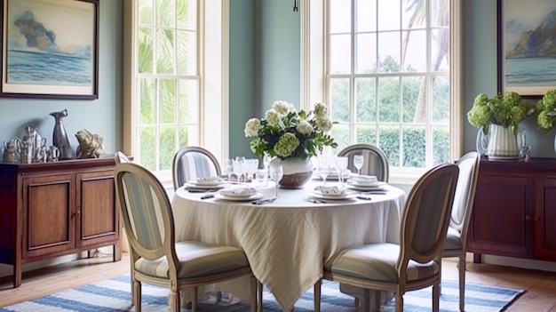 Décoration de salle à manger design d'intérieur et amélioration de la maison table élégante avec des meubles de chaises et idée de style chalet de campagne bleu classique