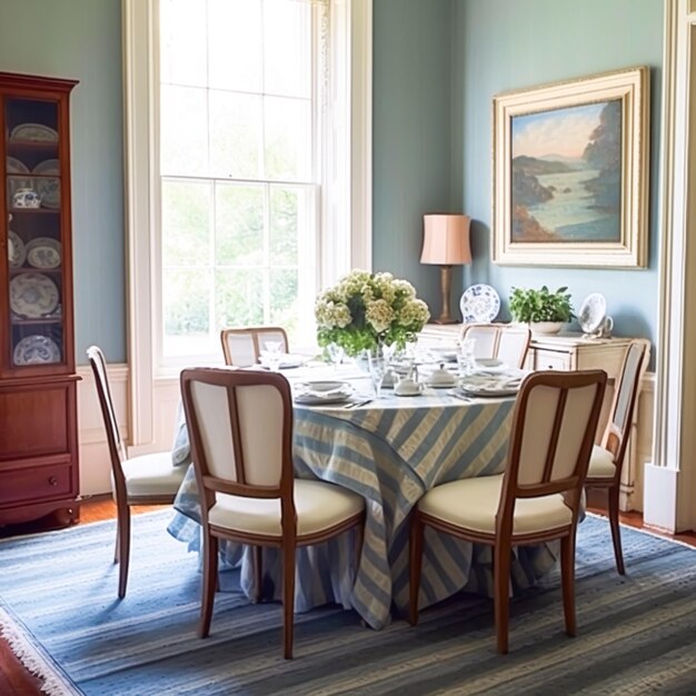 Photo décoration de salle à manger design d'intérieur et amélioration de la maison table élégante avec meubles de chaises et idée de style maison de campagne bleue classique