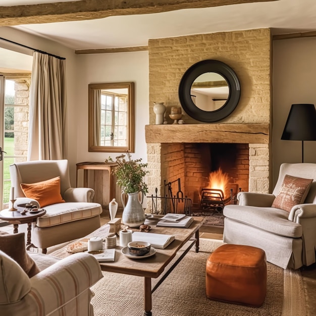 Décoration de salon de cottage salon et design d'intérieur canapé de meubles anciens et décoration de maison dans une maison de campagne anglaise et un style de ferme élégant