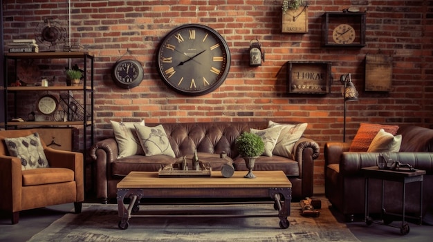Décoration de salon design d'intérieur de maison Style industriel rustique avec mur de briques décoré avec du bois récupéré et du matériau métallique Generative AI AIG26