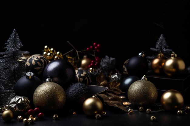 Une décoration de sapin de Noël noir et or avec des ornements et des baies dorés et noirs.