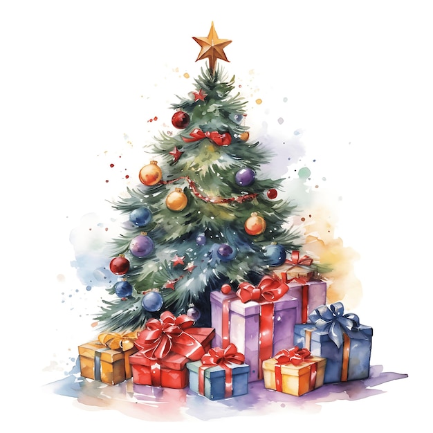 Décoration de style aquarelle d'arbre de Noël et coffrets cadeaux Joyeux Noël et bonne année