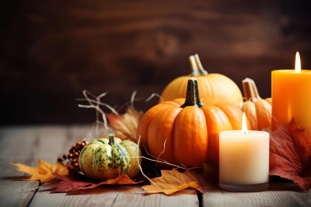 Photo décoration de table d'automne avec des citrouilles pour halloween et thanksgiving