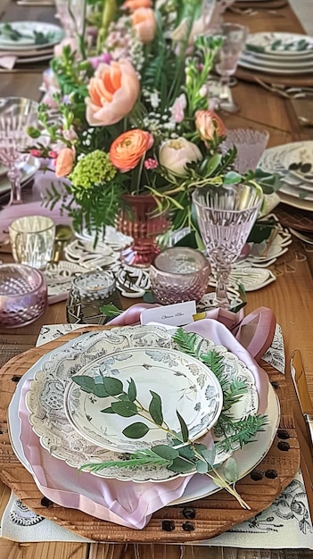 Décoration de table de chalet, tables de vacances, décoration de table à dîner rose et décoration d'événement formel pour la célébration familiale du mariage, style anglais de campagne et de maison.