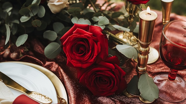 Décoration de table florale élégante avec des roses et du vin pour le dîner et la décoration de vacances